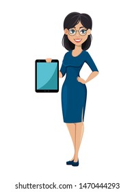 Young beautiful business woman in blue dress. Cute female cartoon character businesswoman holds modern tablet. Vector illustration on white background