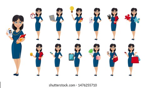 Young beautiful business woman in blue dress. Cute female cartoon character businesswoman, set of thirteen poses. Vector illustration on white background