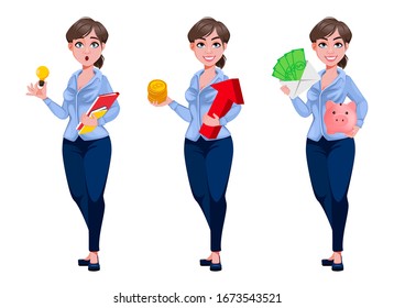 Young beautiful business woman cartoon character, set of three poses. Pretty businesswoman. Vector illustration on white background