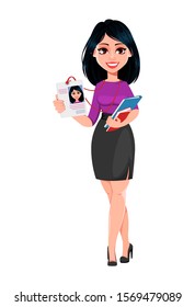 Young beautiful business woman with dark hair holding badge. Cute businesswoman cartoon character. Vector illustration on white background