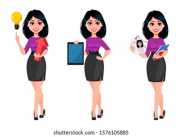 Young beautiful business woman with dark hair, set of three poses. Cute businesswoman cartoon character having a good idea, holding tablet and holding badge and documents. Vector illustration