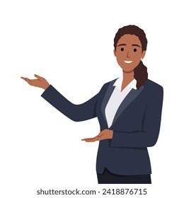 Young Beautiful Business Woman Executive doing a presentation. Flat vector illustration isolated on white background