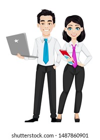 Young beautiful business woman and handsome business man. Cheerful businesswoman and businessman cartoon characters. Vector illustration on white background