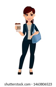 Young beautiful business woman holding a cup of coffee. Cute female cartoon character. Vector illustration on white background