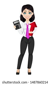 Young beautiful business woman holding calculator and red arrow. Cute businesswoman cartoon character. Vector illustration isolated on white background
