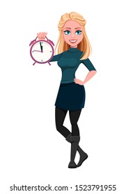 Young beautiful business woman holding alarm clock. Modern young businesswoman cartoon character. Vector illustration on white background