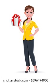 Young beautiful business woman holding gift box. Cute businesswoman cartoon character in flat style. Stock vector illustration
