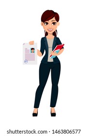 Young beautiful business woman holds documents. Cute female cartoon character. Vector illustration on white background