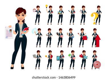 Young beautiful business woman, set of nineteen poses. Cute female cartoon character businesswoman. Vector illustration