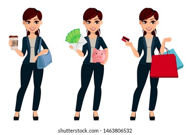 Young beautiful business woman, set of three poses. Cute female cartoon character businesswoman holds coffee, holds money and piggy bank and holds credit card and shopping bags. Vector illustration