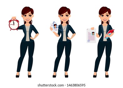 Young beautiful business woman, set of three poses. Cute female cartoon character businesswoman holds alarm clock, holds lanyard and holds documents. Vector illustration