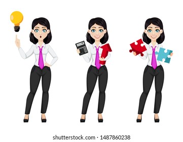 Young beautiful business woman, set of three poses. Cute businesswoman cartoon character has a good idea, holds calculator and holds puzzle. Vector illustration