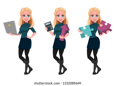 Young beautiful business woman, set of three poses. Modern young businesswoman cartoon character holding laptop, holding calculator and holding puzzle. Vector illustration