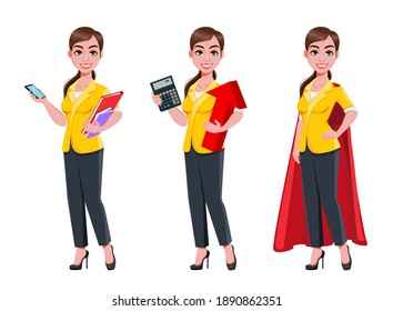 Young beautiful business woman, set of three poses. Cute businesswoman cartoon character in flat style holding smartphone, holding calculator and wearing superhero cloak. Stock vector illustration