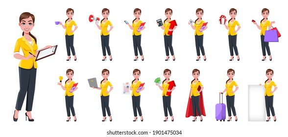 Young beautiful business woman, set of fifteen poses. Cute businesswoman cartoon character in flat style. Stock vector illustration