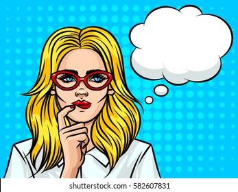 Young Beautiful Business Woman  With Speech Bubble Thinking About Something. Girl With Glasses The European Type On Background Of Pop Art Style
