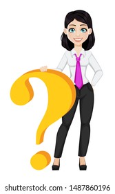 Young beautiful business woman standing near big question mark. Cute businesswoman cartoon character. Vector illustration isolated on white background