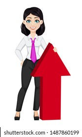 Young beautiful business woman standing near big red arrow. Cute businesswoman cartoon character. Vector illustration isolated on white background