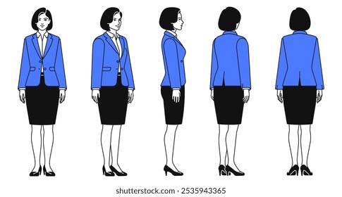 Mujer de negocios hermosa joven que lleva el blazer azul, la camisa blanca, los pantalones negros y los zapatos que se colocan delante, detrás, lado, vista de la media vuelta. Ilustración vectorial lineal aislada