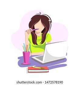 Young beautiful business woman working on new project. Bright vector illustration