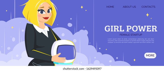 Young beautiful businesswoman dressed in an office suit and astronaut helmet, girl power concept. New business web banner or page site