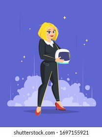 Young beautiful businesswoman dressed in an office suit and astronaut helmet, girl power concept. New business vector illustration