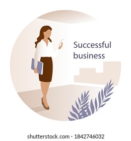 Young beautiful businesswoman in the office. Stands with documents and a smartphone. Successful business concept. Vector round illustration.
