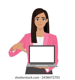 Young beautiful businesswoman showing a blank screen laptop and pointing finger. Flat Vector Illustration Isolated on White Background