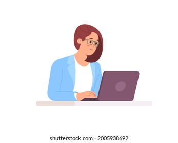 Young beautiful businesswoman working on laptop. Business woman busy working on laptop computer at office. Vector illustration