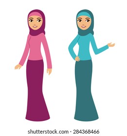 Young beautiful cartoon style muslim woman in traditional clothes isolated on white background. Two poses and color options. 