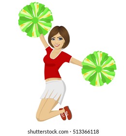 young beautiful cheerleader girl jumping with pom poms wearing red uniform