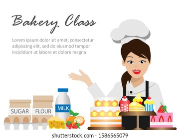 Young beautiful chef woman showing orange cake,strawberries cake and cupcakes.Ingredients are on table. Isolated on white background.Vector Illustration. Idea for pastry/bakery class, culinary school.