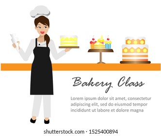 Young Beautiful Chef Woman In Uniform With Smiling Face Is Decorating Her Cake In Kitchen. Isolated On White Background With Copy Space. Vector Illustration. Idea For Cooking, Culinary School Business