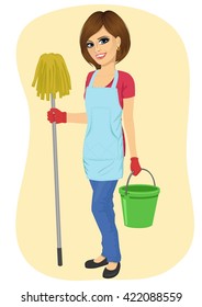 young beautiful cleaning maid woman with bucket and mop smiling