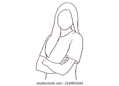 young beautiful confident woman with crossed arms. hand drawn style vector illustration