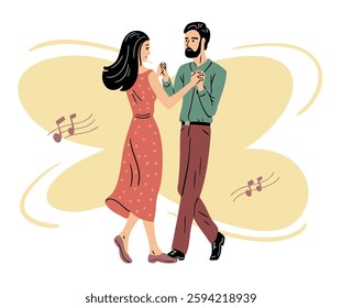 Young beautiful couple dancing. A man and a girl in a red dress in a pair retro dance. Disco, party and ball. Holiday and entertainment. Happy love. Flat vector art illustration isolated on white