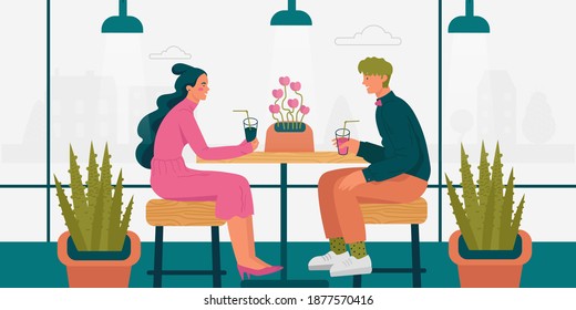 Young beautiful couple at first date in coffee shop. Woman and man first meeting in real life. Online dating creative concept. Cartoon Vector illustration.