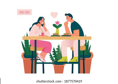 Young beautiful couple at first date in coffee shop. Woman and man first meeting in real life. Online dating creative concept. Cartoon Vector illustration.