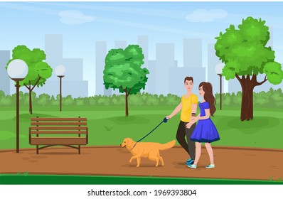 A young beautiful couple, a guy and a girl are walking in a city park with a dog. The girl is drinking coffee. Relaxation. Stroll. Cartoon style. Concept. Labrador. Vector illustration