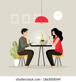 Young beautiful couple having dinner at home by candlelight drinking champagne. Romantic dinner at home. Vector illustration