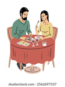 Young beautiful couple having dinner in a cafe restaurant. A man and a girl are sitting at a table. Happy love. People's lifestyle and leisure. Flat vector art illustration