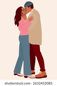 Young beautiful couple in love, hugging and kissing. Romantic date outdoors. Winter holidays themed illustration for postcard design. 