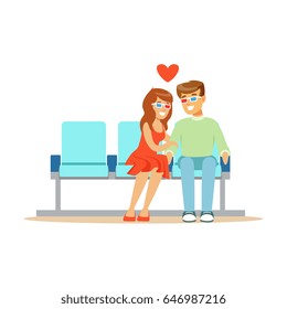 Young beautiful couple in love sitting in the cinema in 3d glasses colorful character vector Illustration