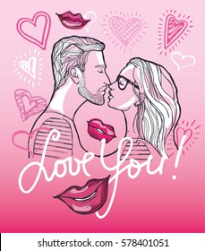 Young beautiful couple. Man and woman. Love. Valentine's Day. I love you. Hand lettering calligraphy. vector illustration