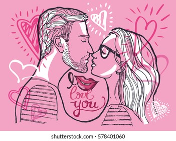 Young beautiful couple. Man and woman. Love. Valentine's Day. I love you. Hand lettering calligraphy. vector illustration
