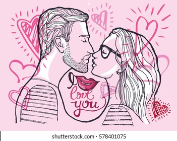 Young beautiful couple. Man and woman. Love. Valentine's Day. I love you. Hand lettering calligraphy. vector illustration