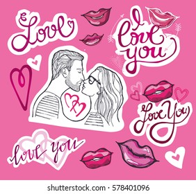 Young beautiful couple. Man and woman. Love. Valentine's Day. I love you. Hand lettering calligraphy. vector illustration