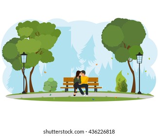 Young beautiful couple sitting in the park. vector