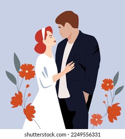 A young beautiful couple in wedding suits. Vector illustration of the bride and groom. Wedding card.. Romantic wedding invitation. Illustration for Valentine's Day or for wedding greetings