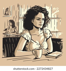 A young beautiful curly brunette girl sits in a cafe at a table with a mug of coffee or tea. Freehand pencil sketch on beige background.